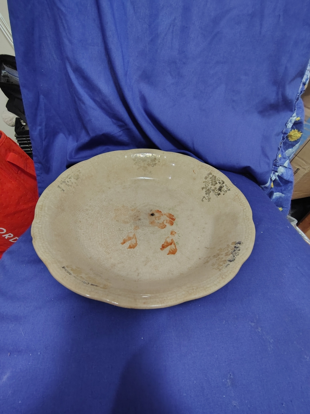 Vintage Beige Ceramic Serving Bowl with Subtle Floral Motif